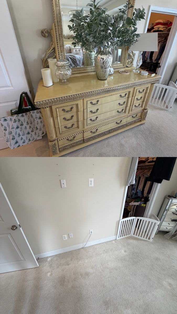 Before and after: ornate dresser and mirror removed from a bedroom