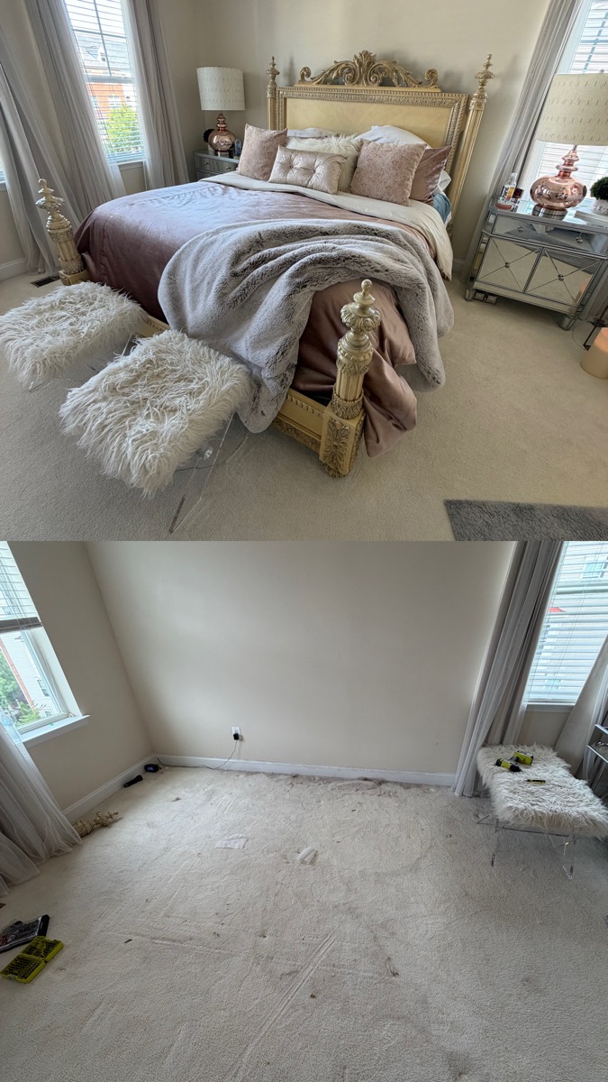 Before and after: bedroom cleared of a bed and nightstands