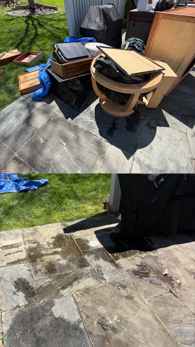 Before and after: stone patio cleared of old furniture