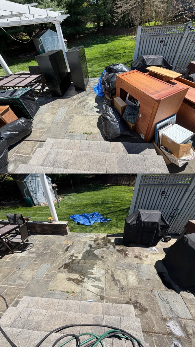 Before and after: backyard patio cleared of furniture and cabinets
