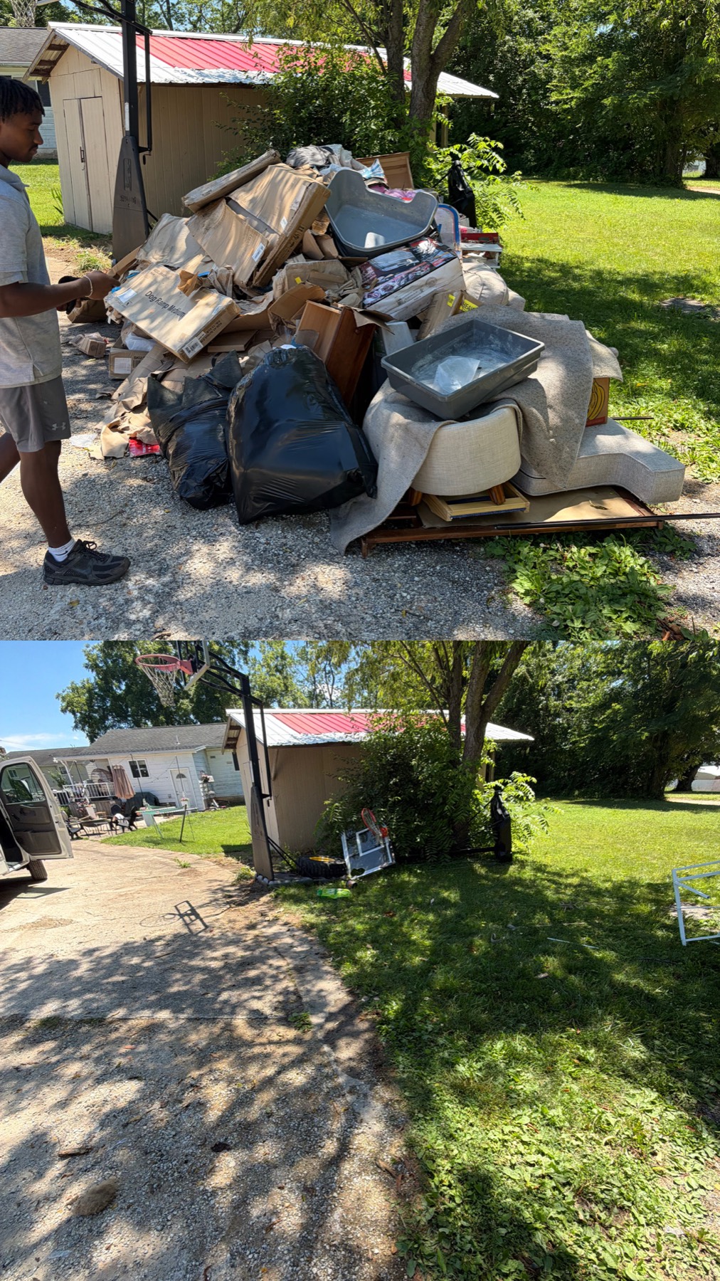 Before and after: yard cleared of a large pile of household junk