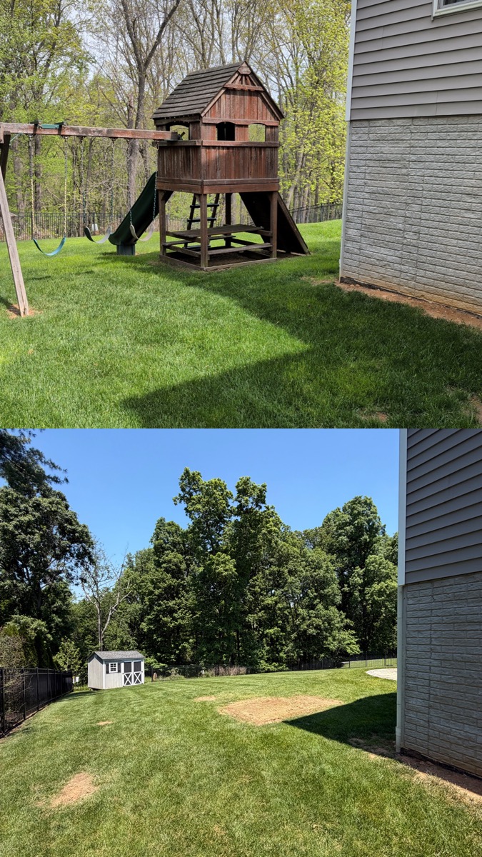 Before and after: wooden swing set removed from a backyard